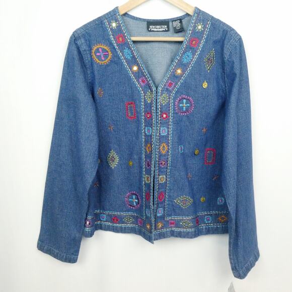 Vintage New Direction Southwestern Embroidered Jacket Sz L Blue Denim Beaded NOS - Picture 1 of 11